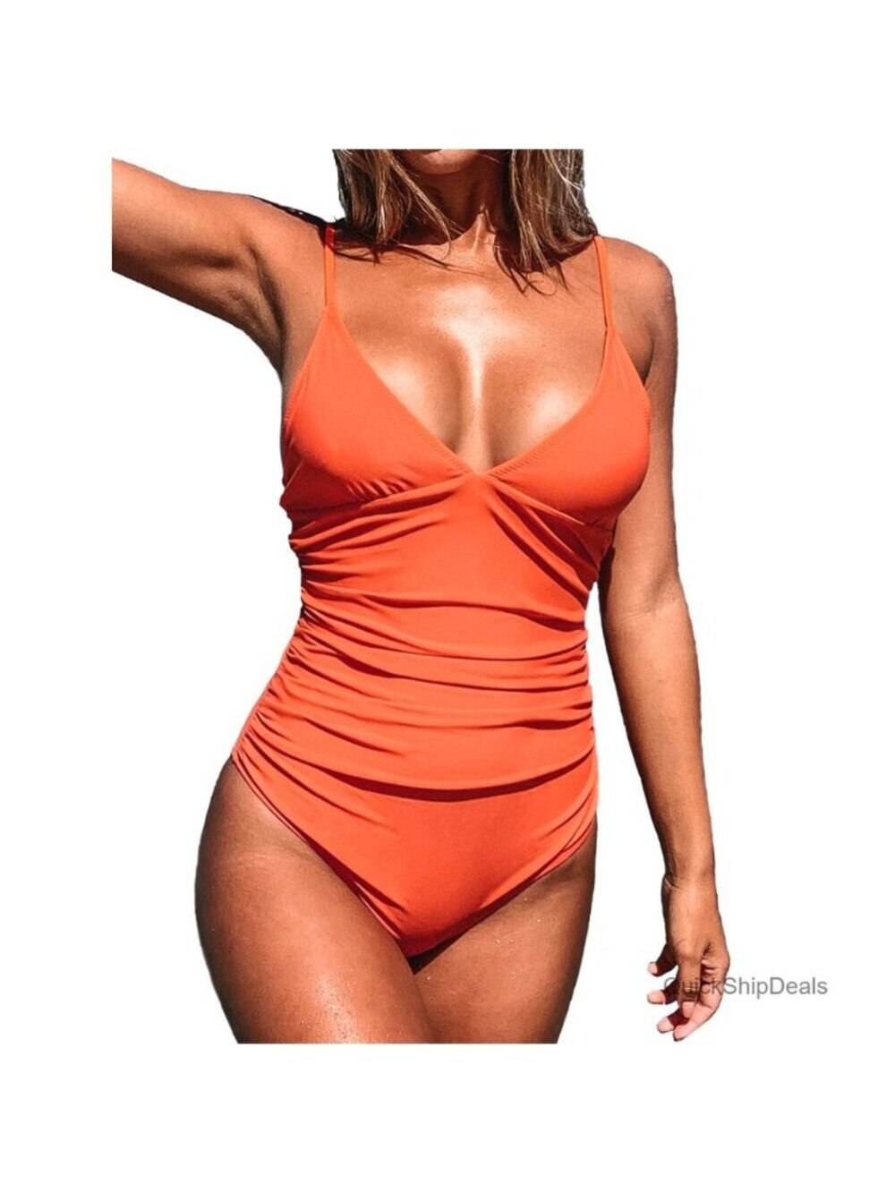 Tummy Control V Neck One Piece Swimsuit with Padded Cups, Adjustable Straps